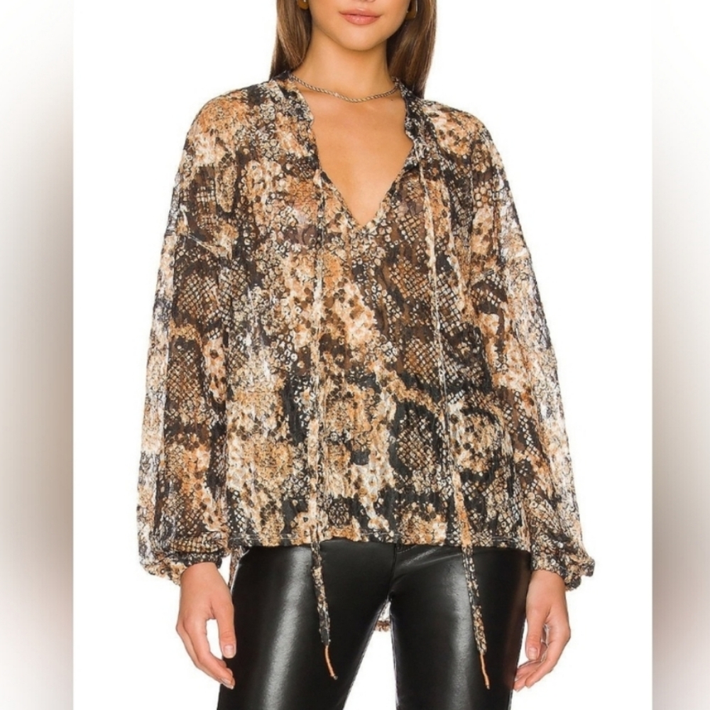 Free People Snake print Bohemia Longsleeve Sheer Top Blouse